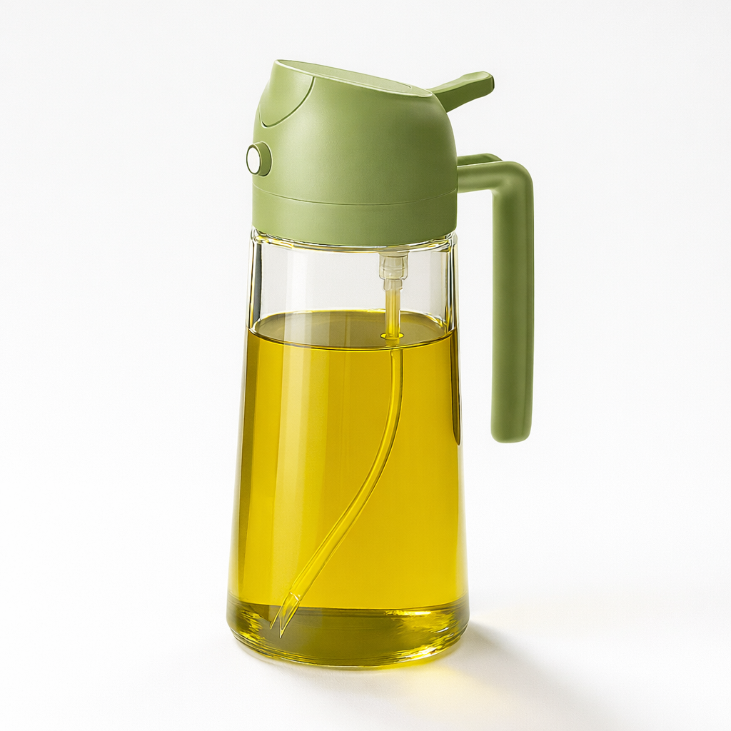 Green oil dispenser with olive oil on a white background